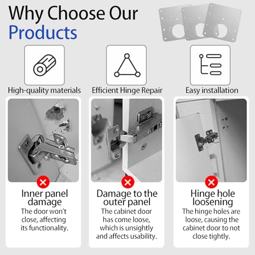 6 Pack Cabinet Hinge Repair Plate Kit, Stainless Steel Cabinet Door Hinge Repair Brackets with Mounting Screws, Metal Hinge Fixing Plates for Kitchen Cabinets, Cupboards and Furniture