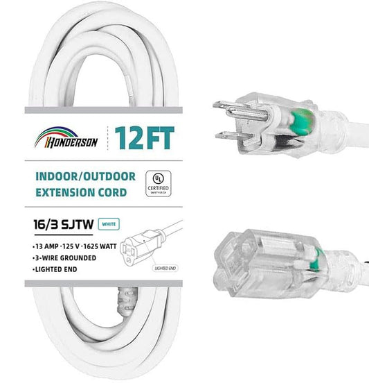 Indoor Outdoor Extension Cord Weatherproof with Lighted End, UL Certified, 16 Gauge 12FT White 3 Prong Heavy Duty, 16/3 SJTW 13A Power Cord for Outdoor Lights, Lawn - size: 12FT, style: 16/3