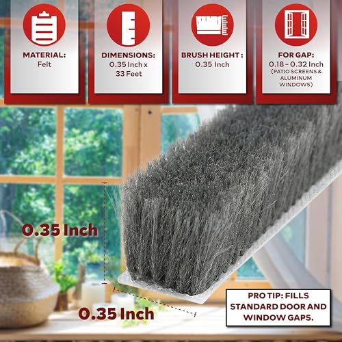 XFasten Self Adhesive Weather Stripping for Windows and Doors, 0.35" x 33 Ft Soundproofing Door Brush Seal Draft Stopper, Gray Insulation Seal Strip for Summer Heat, Winter Draft Blocker, 0.35" Thick - size: 0.35" Thick (0.35-Inch x 33 Feet)