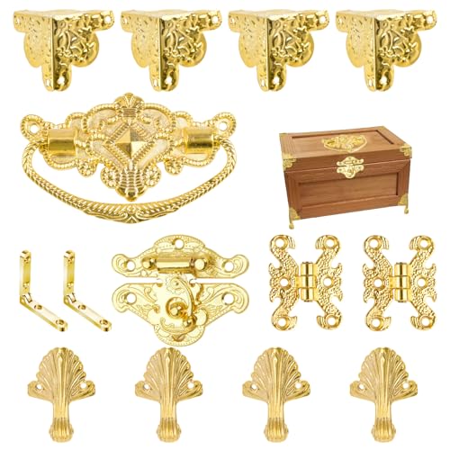 MOROBOR Gold Jewelry Box Antique Lock Latch Hasp Hinges Handle Corner Protectors Kit for DIY Jewelry Boxes, Wood Case Chest Storage Boxes Feet Leg Corner Protector Hinge Set, Box not Included - color: Gold+Hinges