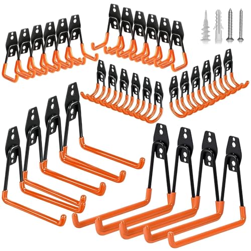 Steel Garage Storage Hooks - 32 Pack Anti-Slip Coating, Heavy Duty Wall Mount Wall Hooks for Hanging Bike, Ladder, Garden Tools, Power Tools, Bulk Items Ropes, Utility Garage Organization Housolution - size: 32pcs - Orange