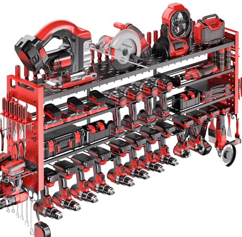 49.8" W Super Large Power Tool Organizer Wall Mount,4-Layer Heavy Duty Tool Storage with 18 Cordless Drill Holder,600 lb Capacity Garage Organization for Garage and Workshop (Red) - color: Red
