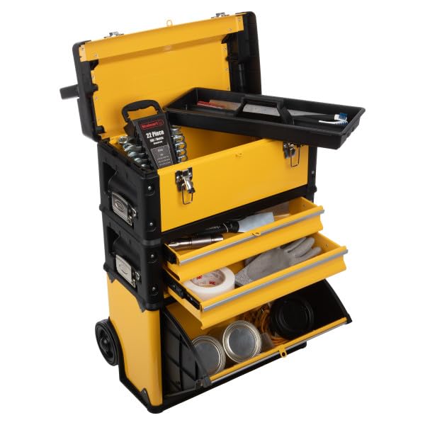 Rolling Tool Box with Wheels - Stackable Tool Box Organizer - Portable Metal Toolbox Tool Chest with Drawers for Garage Workshop by Stalwart (Yellow)