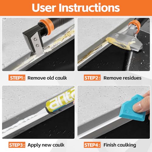 4 in 1 Caulking Tool Kit, Multi-Function Caulk Remover Tool, Grout Removal Tool, Silicone Sealant Cleaner for Bathroom, Shower, Tile, Window, Household Caulk Kit(Orange) - color: Orange