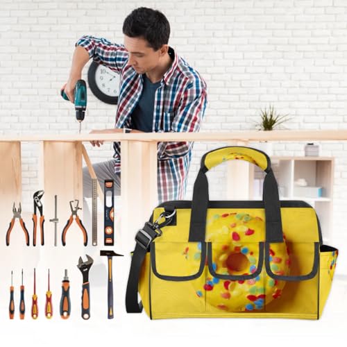 15 Inch Tool Bag 14-Pockets Tool Box Organizer for Men Donuts Yellow Tool Tote Bag Waterproof Toolbox with Shoulder Strap Heavy Duty Garden Tool Organizer for Mechanic