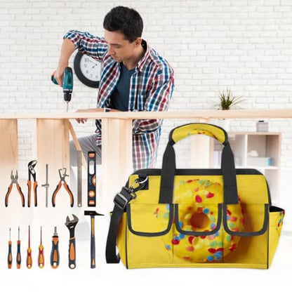 15 Inch Tool Bag 14-Pockets Tool Box Organizer for Men Donuts Yellow Tool Tote Bag Waterproof Toolbox with Shoulder Strap Heavy Duty Garden Tool Organizer for Mechanic