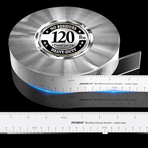 PHIXBEAR Heavy Duty Double Sided Tape 17FT x 1.18" - Clear Nano Mounting Tape with Dual Scale, No Residue for Wall Posters, Rugs, Home Decor