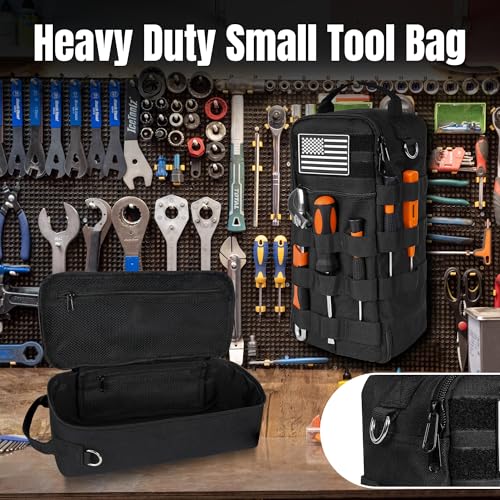 13 Inch Portable Small Tool Bag, Heavy Duty Tool Organizer Bag with Shoulder Strap and D-ring Clip, Tactical Tool Bag, Tool Pouch Bag for Electricians, Carpenters, HVAC Technicians (Black) - color: Deep Black