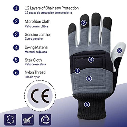 Chainsaw Safety Gloves, Chainsaw Protective Work Gloves, Cut Resistant Gloves, 12-Layer Protection on Left Hand Only - color: Large Gray