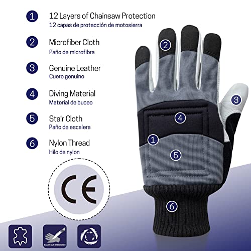 Chainsaw Safety Gloves, Chainsaw Protective Work Gloves, Cut Resistant Gloves, 12-Layer Protection on Left Hand Only - color: X-large Gray