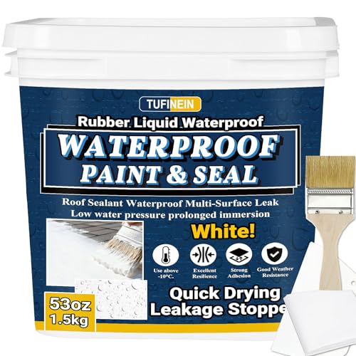 Rubber Liquid Waterproof Sealant, TUFINEIN 53oz/1.5kg White Quick Drying Multi Surface Foundation Leak Repair - Roof Gutters Basement Sealer Waterproof - Indoor & Outdoor Flexible Rubber Paint - color: White, size: 53 OZ
