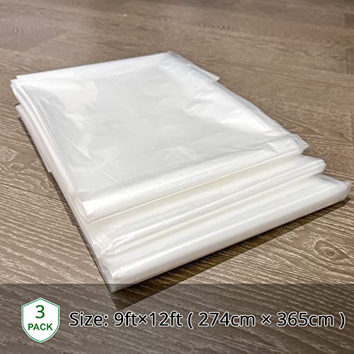 3-Pack Plastic Drop Cloth, 9x12 Feet Clear Plastic Painting Tarps Waterproof, 1 Mil Thick Drop Sheet for Furniture Couch Floor Cover - size: 3 Pack, 9'x12'