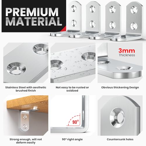 FANDAMEI 8 PCS Heavy Duty Corner Brace, 40x40mm Stainless Steel Joint Right Angle Brackets with Screws, 90 Degree Wall Brackets Hanger for Shelves, Tables, Dressers, Chairs, Silver