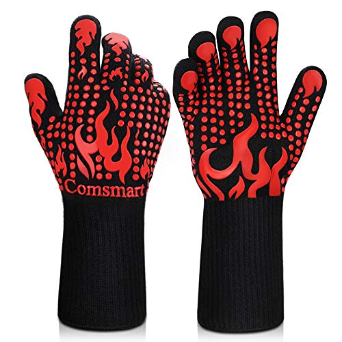 Comsmart BBQ Gloves, 1472 Degree F Heat Resistant Grilling Gloves Silicone Non-Slip Oven Gloves Long Kitchen Gloves for Barbecue, Cooking, Baking, Cutting - color: Red, size: long