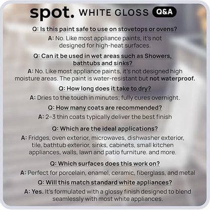 spot. High-Gloss White Touch Up Paint – Porcelain and Appliance Repair for Chips, Stains, Scratches, and Cracks on Fridges, Microwaves, Dishwashers, Dryers, Tiles, and Metal Surfaces – 1 fl oz - color: Impeccable White