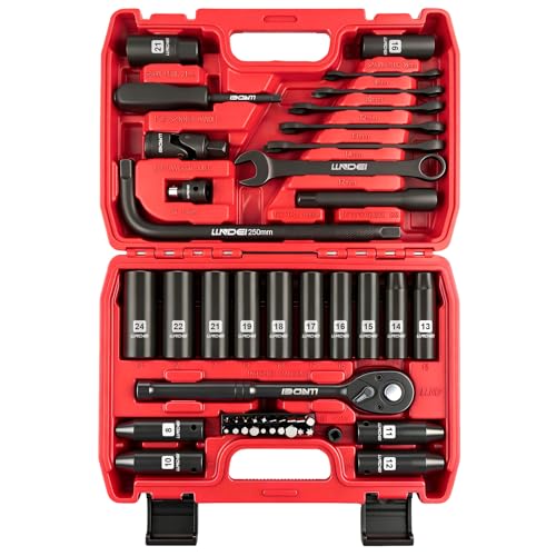 LLNDEI 1/2" Dr. Ratchet Impact Socket Wrench Set,Deep Sockets(8-24mm),Spark Plug Socket(16,21mm),49PCS, CR-V, Metric, With Combination Wrenches (8-17mm) - size: 49-piece 1/2" Drive Socket Set