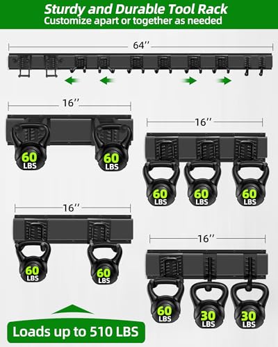 PIYILO 64 inches Garage Tool Organizer Wall Mount, Garden Tool Organizer Rack Heavy Duty, Hanging Storage Organization Racks Holder with 10 Hooks, for Lawn Tools, Shovel, Shed - size: 64 inch 10-Hook