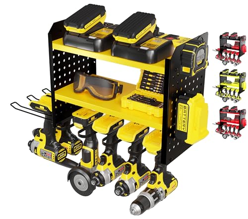 BUILTSTRONG Power Tool Organizer Wall Mount – 3-Tier Heavy-Duty Steel Rack, 6 Drill Slots, Dual Pegboard Sides, Side-by-Side Modular, 100 lb Capacity – Garage & Workshop (Yellow) - color: Yellow, size: 6 Drill Holder