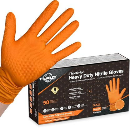 TitanFlex Heavy Duty Orange Industrial Nitrile Gloves with Raised Diamond Texture, Latex Free (6mil/8mil) - color: 01 8mil (50ct), size: Medium
