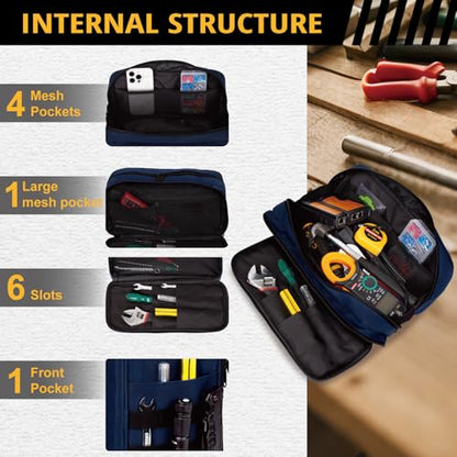 Tactical Tool Bag for Men,Wide Mouth Tool Pouch with Water-Resistant, Multi-purpose Range Bags with Zipper Handle,Heavy Duty Small Tool box organizer for Repairman, Carpenters, Handyman - color: Blue