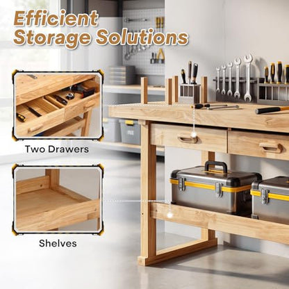 Magshion 60" Rubber Hardwood Work Bench, 500Lbs Load Capacity Heavy Duty Woodworking Table with Solid Oak Vise and Removable Stop Block, Workbench for Garage, Workshop, Home Storage (Natural)