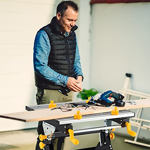 Portable Workbench, Folding Work Bench and Vise with 2 Rotary Handles, 7-Level Adjustable Height, 8 Sliding Clamps, Tiltable & Extendable Tabletop, Workbench Table for Garage, Workshop
