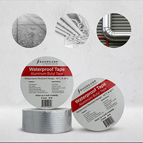 Waterproof Silver Aluminum Butyl Multi-Purpose Tape – Silver Heavy Duty High Heat Professional Foil for Sealing, Patching and Repairing Cracks in Tiles, Ducts and Metal (2 in x 16 ft, 1 Unit) - size: 2 in x 16 ft