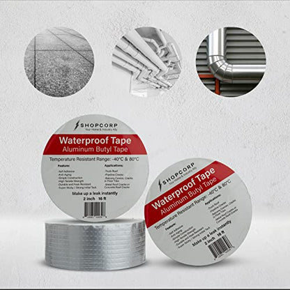 Waterproof Silver Aluminum Butyl Multi-Purpose Tape – Silver Heavy Duty High Heat Professional Foil for Sealing, Patching and Repairing Cracks in Tiles, Ducts and Metal (2 in x 16 ft, 1 Unit) - size: 2 in x 16 ft
