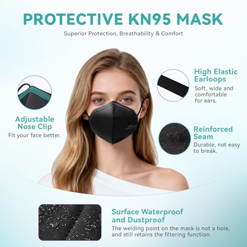 KN95 Face Masks 100 PCS, 5-Ply KN95 Black Masks,Breathable Protection Masks, Individually Wrapped, Cup Dust Safety Mask - color: Black