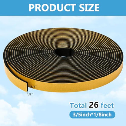 Black Weather Stripping Door Seal Strip (3/5 Inch X 1/8 Inch X 26Feet), Strong Adhesive, Lightproof, Soundproof, Weatherproof Foam Tape Insulation for Sliding Door, Front Door Frame, Windows - size: 3/5 Inch X 1/8 Inch X 26Feet