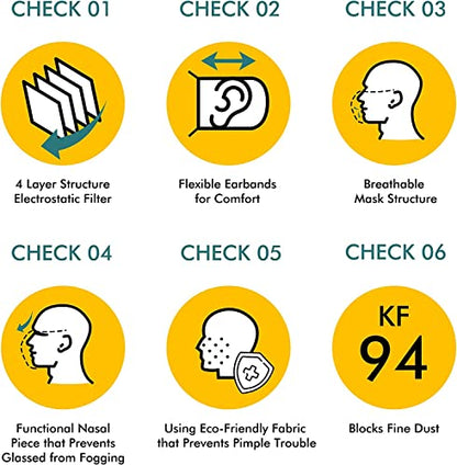 KN FLAX - Face Protective Mask (White) [Made in Korea] [10 Individually Packaged] 4-Layers Premium KF94 Certified Safety Mask for Adult [English Packing]