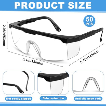 Treela 50 Pcs Safety Goggles Bulk Anti-Fog Glasses with Adjustable Temples and Wraparound Lenses Scratch Resistant Safety - color: Clear