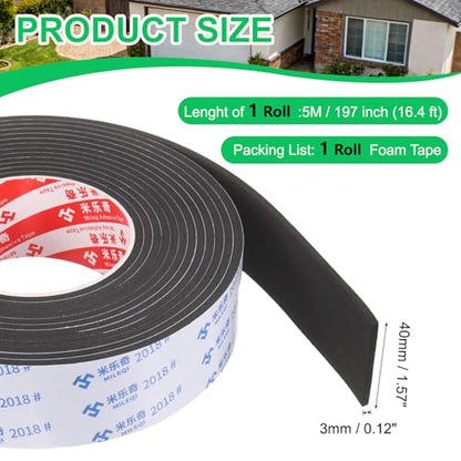 PATIKIL Sponge Rubber Foam Tape, 1 9/16" W x 1/8" t x 16.4ft l Self-Adhesive Foam Insulation Tape Weather Stripping for Window Door Soundproofing Weatherstrip AC Seal Strip, Black - size: 1 9/16" x 1/8" x 16.4ft