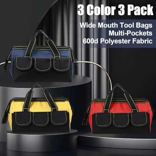 3 Pack Wide Mouth Tool Bag, 13 Inch Waterproof Power Tools Organizer Heavy Duty Drill Bag Electrician Tool Tote for Professionals, Construction Electricians Carpenter and DIY Enthusiasts