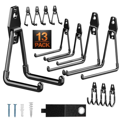 Pack 13 Garage Hooks Heavy Duty | Multi-Sized Wall-Mounted Tool Hangers with Anti-Rust PVC Coating | Heavy Duty Wall Hooks for Bikes, Ladders, Garden Tools, and More with Garage Wall Organizer