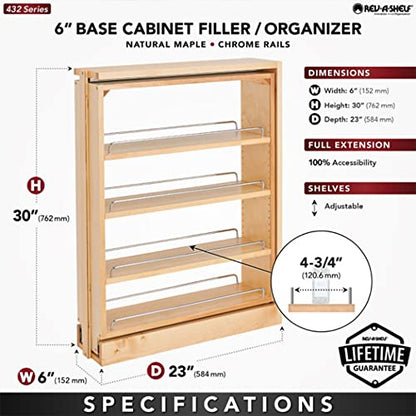 Rev-A-Shelf Pullout Shelf Organizer for Base Kitchen or Bathroom Cabinets, Wood Filler Pantry Storage or Spice Rack, Maple, 6" x 23" x 30", 432-BF-6C - size: 6" W