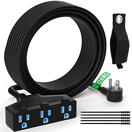 Outdoor Extension Cord 50 Ft with 3 Outlets, 12/3 SJTW 3 Prong Grounded Power Cord, 12 Gauge 12AWG Heavy Duty Power Cable, ETL Listed, 15 Amp 125 V 1875 W-Multiple Outlets for Indoor/Outdoor-Black - size: 50FT, style: 12AWG