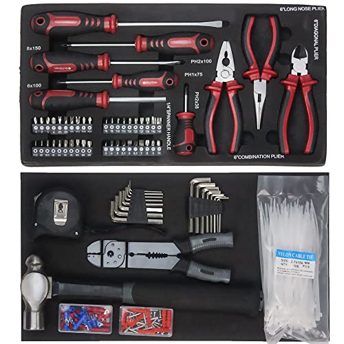 Runboll Mechanics Tool Set 339-Piece 3-Drawer Toolbox with Tools Kits Included, with pliers, ball hammer, screwdrivers, wrenches, Hex Keys, and More - color: Blue, size: Toolbox w/ Kits