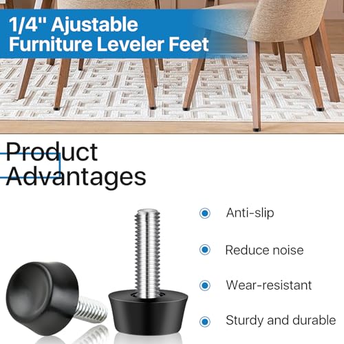 1/4-20 Inch Thread Adjustable Furniture Levelers, 60 Pcs Screw Feet Levelers, Galvanized Steel Adjustable Furniture Leveling Feet for Table,Chair,Desk,Cabinet,Patio Legs