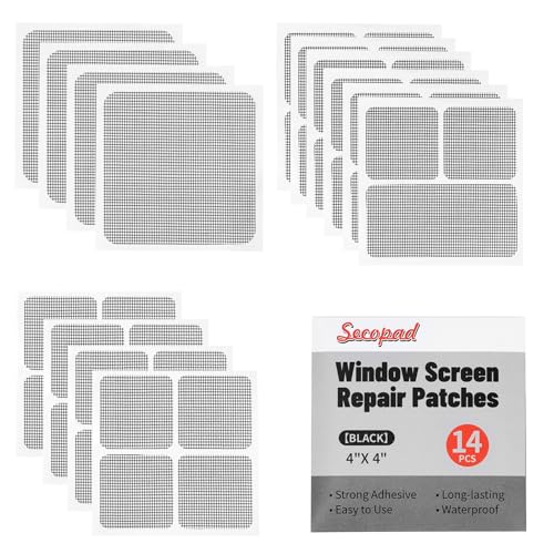 Secopad 14 Sheets Window Screen Patches Repair Kit, Black 3 Sizes Window Screen Repair Kit for Mesh Screen Door, Strong Adhesive Fiberglass Quick Screen Repair Tape - color: Black