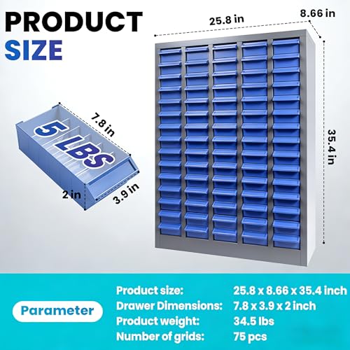 75 Drawers Bolt and Nut Tool Storage Cabinet with ABS Material, 25.8” x 8.66” x 35.4” Parts Cabinet with Label Stickers & Shelves, Parts Cabinet for Tool Hardware Storage, Auto Repair Shop - size: 75 Drawe