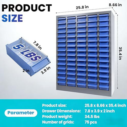 75 Drawers Bolt and Nut Tool Storage Cabinet with ABS Material, 25.8” x 8.66” x 35.4” Parts Cabinet with Label Stickers & Shelves, Parts Cabinet for Tool Hardware Storage, Auto Repair Shop - size: 75 Drawe