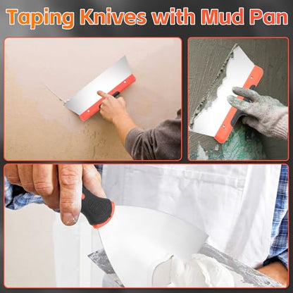 Drywall Knife Set, 10 Pcs Stainless Steel Drywall Hand Tool Kit Includes Putty knife, Taping knife, Painter Scraper Tool & Mud Pan for Joint Taping, Finishing, Patching on Wallpaper