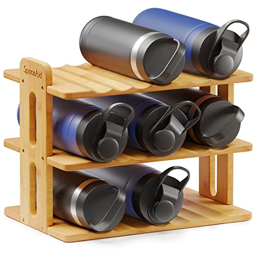 SpaceAid Bamboo Water Bottle Organizer with Labels, Kitchen Pantry Water Bottle Storage Rack for Cabinets, Home Cup and Wine Bottle Holder Shelf Organizers, (3-Tier, Hold 9 Bottles) - size: 3-Tier, 9 Bottles