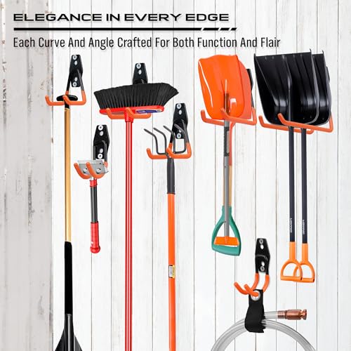 15-Piece Garage Wall Hooks with 3 Extension Straps, Orange Heavy Duty Tool Storage Rack for Ladder, Bike, Shovel, Garden Tools, Metal Wall Mount Organizer Set - style: 15-Pack Hooks + 3 Straps（orange）