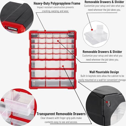 INTERTOOL Small Parts Organizer for Hardware & Screws | 39 Removable Bins with Dividers | Wall Mount or Desktop Craft & Lego Storage Cabinet | 19” x 15” x 7” BX08-4013 - style: 39 Drawers