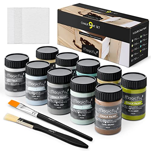 Magicfly 15 Pcs Chalk Furniture Paint Set, 9 Colors Ultra Matte Finish Acrylic Craft Paint Set (60 ml/2 oz) with 1 Liquid Wax, 2 Brushes, 3 Sandpapers, Perfect for Home Decor, Crafts-Farmhouse - style: Farmhouse