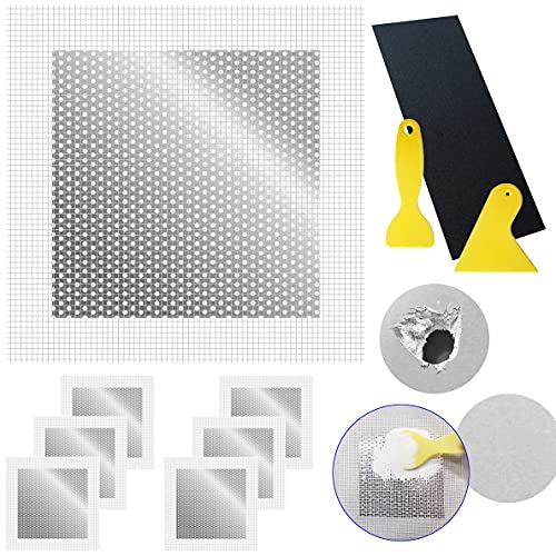 Drywall Repair Patch, Wall Patch Repair Kit, Self Adhesive Wall Mesh Repair, Large Hole Patch for Drywall, Sheet Rock Patch, Aluminum Sheetrock Ceiling Dry Wall Patch and Grit Sandpaper Scraper - size: 6 in. x 6 in.