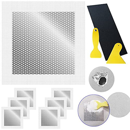 Drywall Repair Patch, Wall Patch Repair Kit, Self Adhesive Wall Mesh Repair, Large Hole Patch for Drywall, Sheet Rock Patch, Aluminum Sheetrock Ceiling Dry Wall Patch and Grit Sandpaper Scraper - size: 6 in. x 6 in.