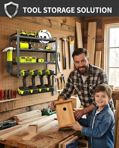 Wall Mount Tool Organizer, 3-Layer Heavy Duty Metal Rack for 4 Drills, with Screwdriver and Hammer Holder, 150 Lbs Capacity, Garage and Workshop Storage (trumpet, 4-4)